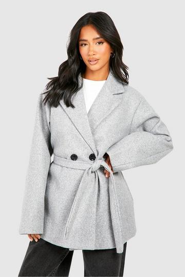 Grey Petite Wool Look Belted Coat