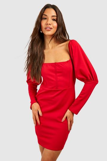 Puff Sleeve Corset Mini Dress red