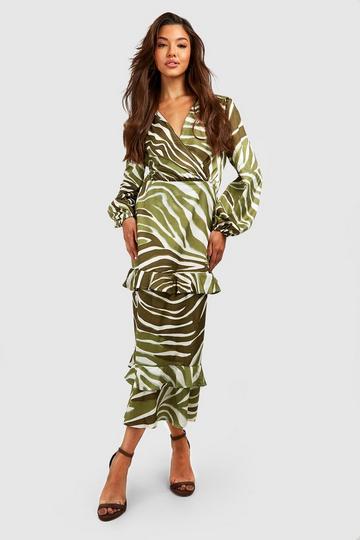Green Animal Print Ruffle Midaxi Smock Dress