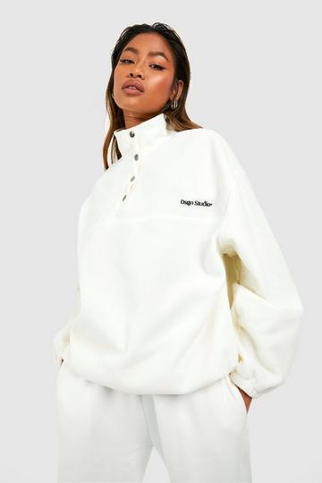 Cream White Polar Fleece Pocket Detail Half Zip Oversized Sweatshirt