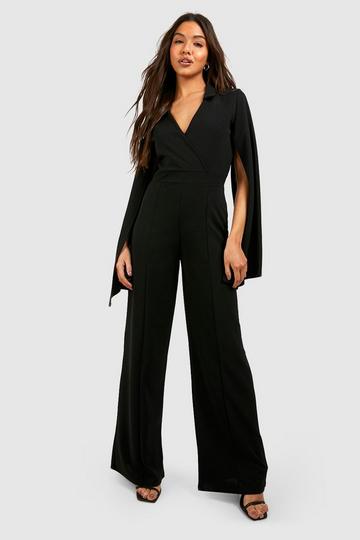 Black Flared Sleeve Wrap Front Tailored Jumpsuit
