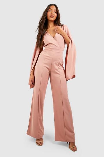 Flared Sleeve Wrap Front Tailored Jumpsuit rose