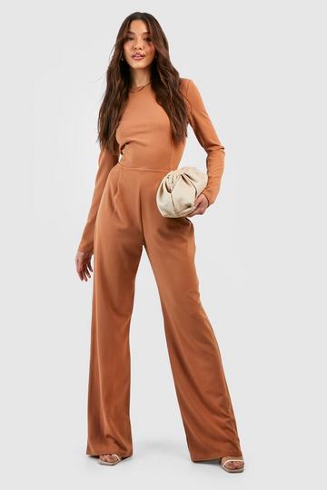 Long Sleeve Jumpsuit In Leopard Camel