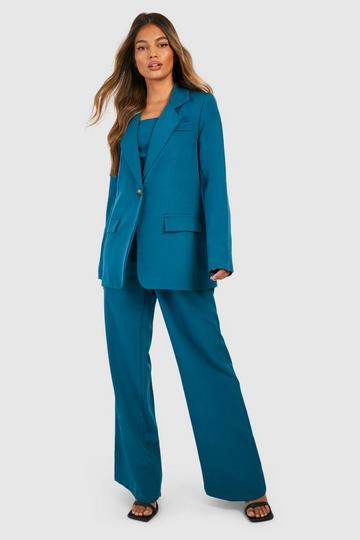 Teal Green Fold Over Waistband Relaxed Fit Dress Pants