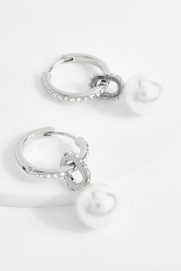 Pearl Drop Diamante Hoop Earrings silver