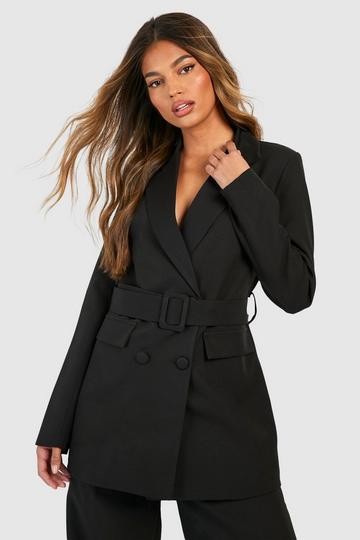 Black Double Breasted Self Fabric Belted Blazer