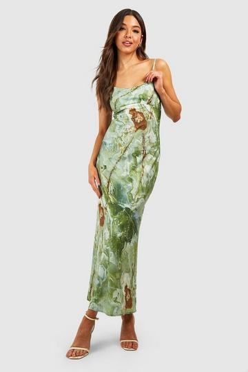 Olive Green Marble Print Slip Dress