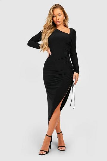 Double Slinky Rouched Asymmetric Midaxi Dress black