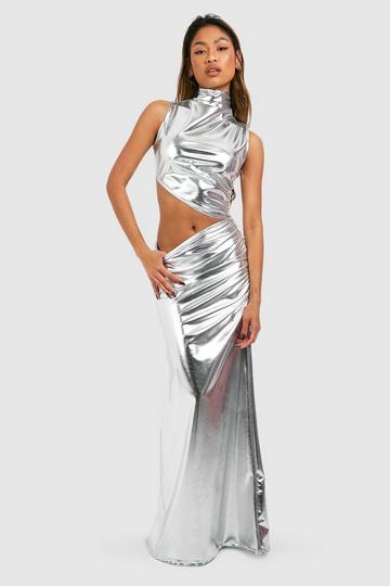 Metallic Pu High Neck Cut Out Maxi Dress silver