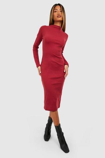 Burgundy Red Funnel Neck Rib Long Sleeve Midi Dress