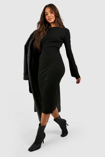 Rib Flare Sleeve Midi Dress black