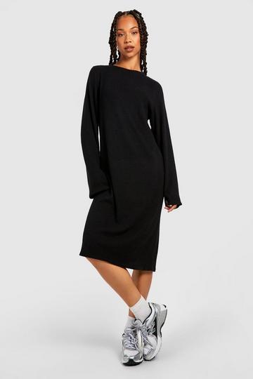 Tall Soft Knitted Rib Funnel Longsleeve Column Midi Dress black