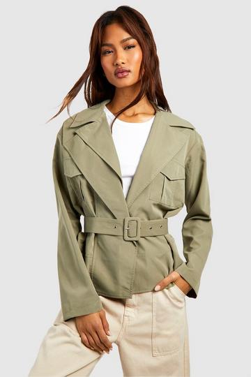 Tall Crop Belted Utility Trench Coat khaki