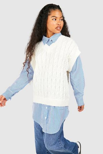 Petite Cable Knit Mock Layer Shirt blue