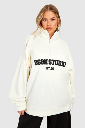 Cream White Plus Dsgn Studio Embroidered Half Zip Oversized Sweatshirt