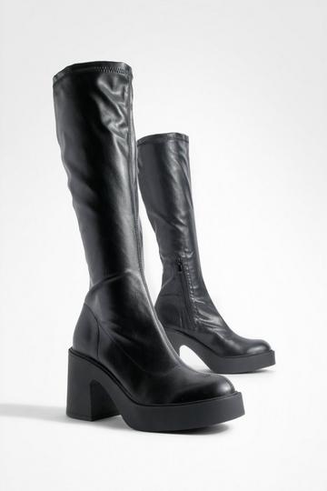 Platform Sock Knee High Boots black