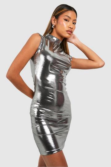 Metallic High Neck Mini Dress silver