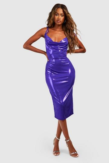 Metallic Cowl Neck Midi Dress purple