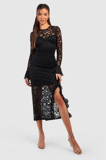 Lace Frill Cuff Midaxi Dress black