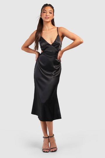 Black Satin Open Back Midi Slip Dress