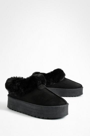 Faux Fur Platform Slip On Cosy Mules black