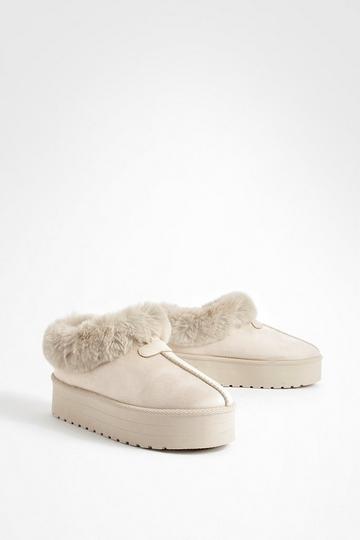 Cream White Faux Fur Platform Slip On Cozy Mules