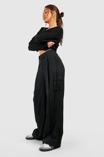 Folded Waistband Relaxed Fit Cargo Trousers black