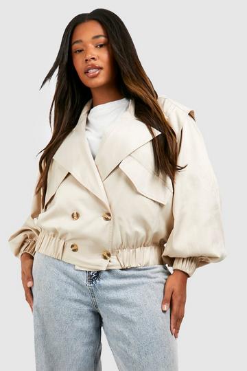 Stone Beige Plus Woven Double Breasted Pocket Detail Trench Jacket