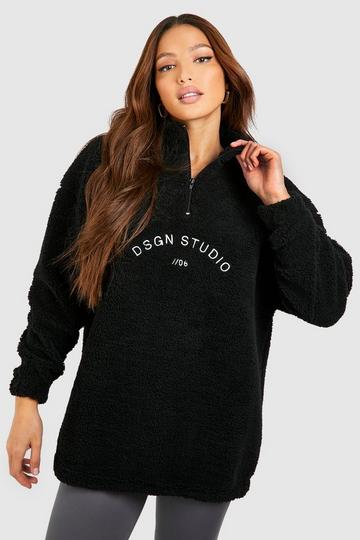 Tall Dsgn Studio Premium Borg Embroidered Half Zip Sweater black