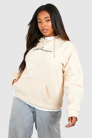 Stone Beige Plus Oversized Embroided Hoodie