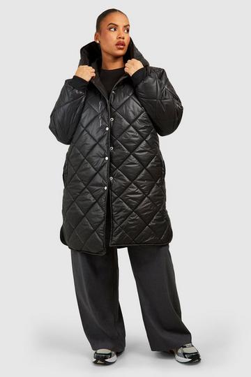 Black Plus Diamond Quilt Hooded Puffer Jacket