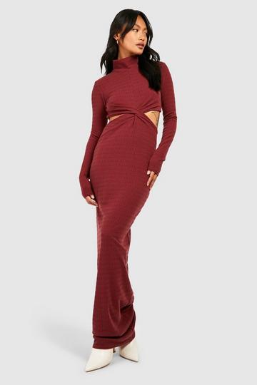 Burgundy Red Soft Crinkle Texture High Neck Midaxi Dress