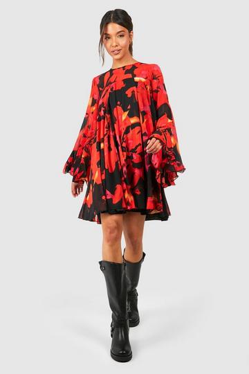 Floral Flare Sleeve Chiffon Smock Dress red