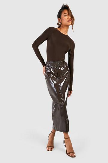 Premium Vinyl Belted Midi Skirt chocolate