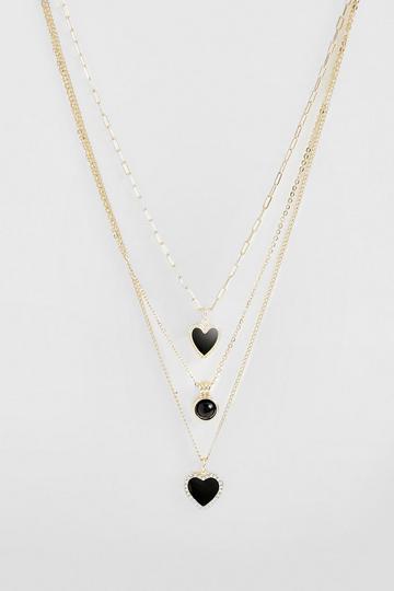 Gold Metallic Triple Chain Heart Pendant Necklace