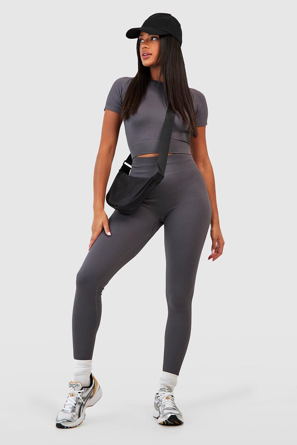 Grey ribbed leggings | boohoo UK