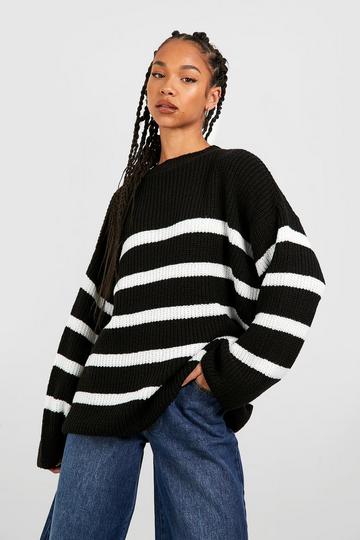 Tall High Neck Wide Sleeve Striped Sweater black