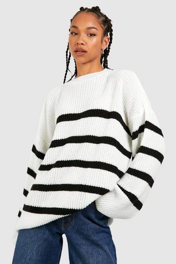 Cream White Tall High Neck Wide Sleeve Striped Sweater