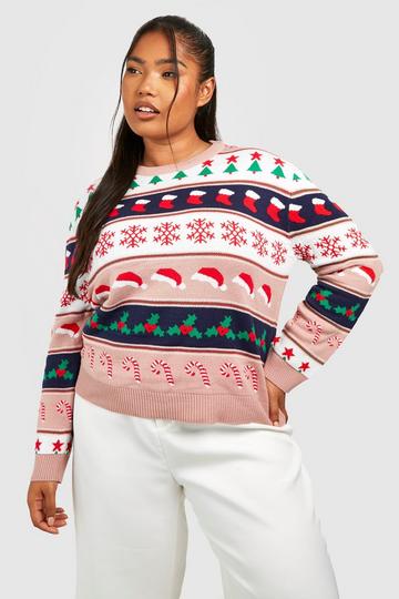 Plus Oversized Mixed Xmas Sweater pink