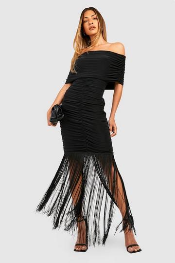 Double Slinky Rouched Tassel Bardot Mini Dress black