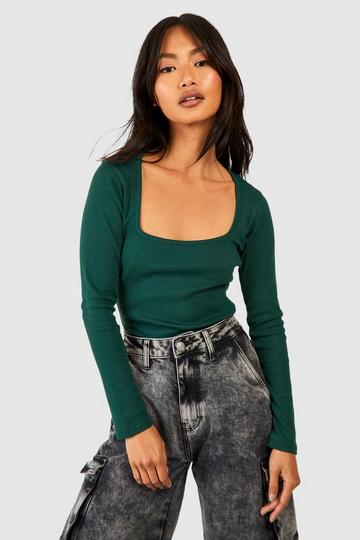 Basic Rib Square Neck Long Sleeve Top forest