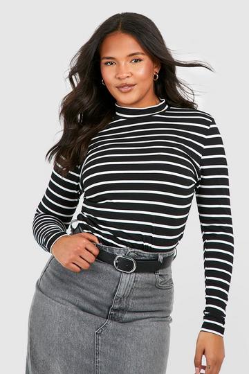 Plus Stripped Roll Neck Top black