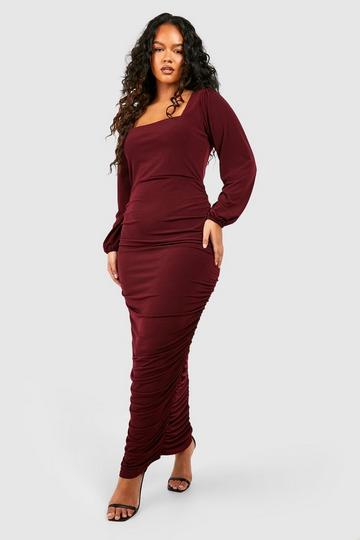 Plus Slinky Ruched Detail Midaxi Dress wine