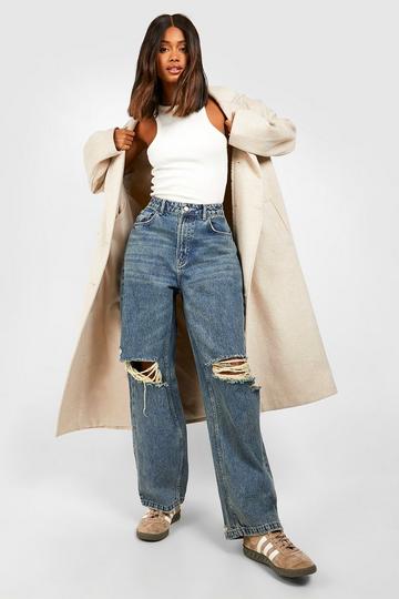 Ripped Knee Distressed High Waist Wide Leg Jeans vintage wash