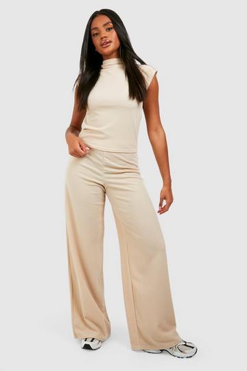 Beige Ribbed Sloughy Wide Leg Trousers