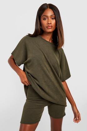 Green Two Tone Rib Knitted Shorts & Top Set