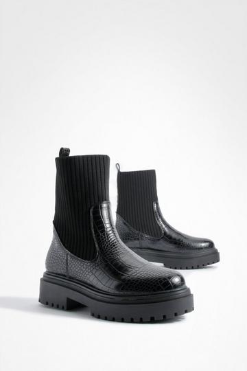 Croc Chunky Sole Knitted Chelsea Boots black