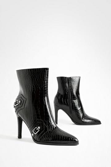 Croc Stud Detail Stiletto Ankle Boots black
