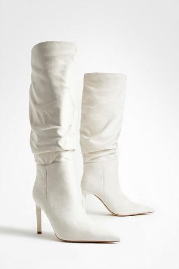 Cream White Ruched Stiletto Pointed Toe Boots