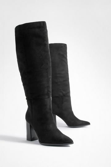 Black Block Heel Pointed Toe Knee High Boots